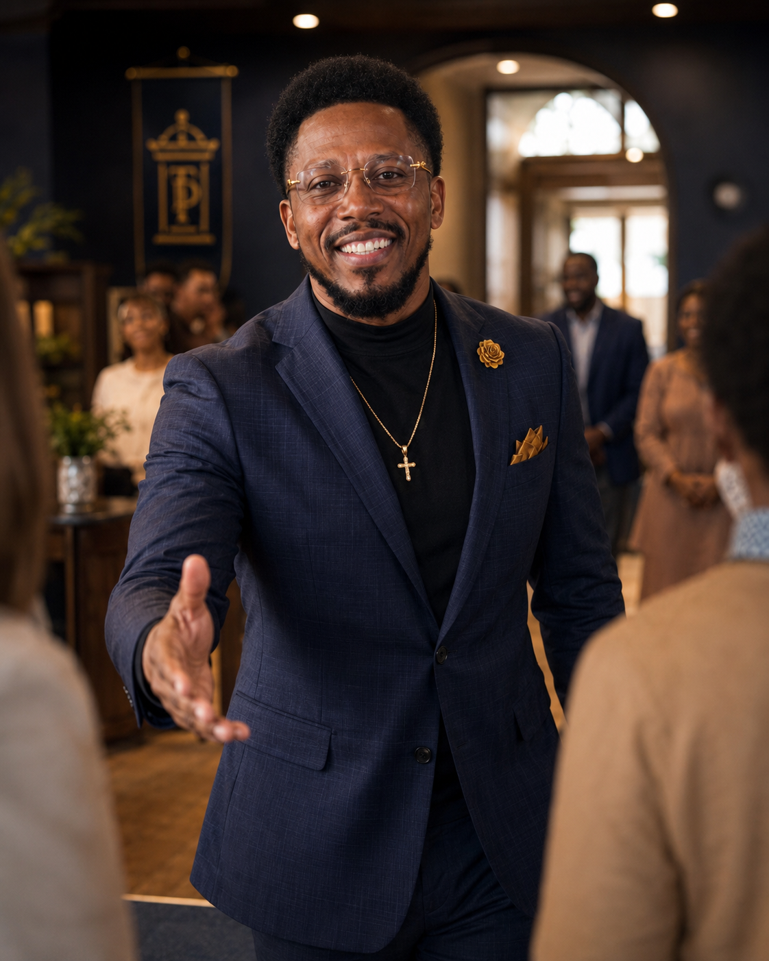 Pastor Tyrone Simpson welcoming a guest at The Pulpit & The People