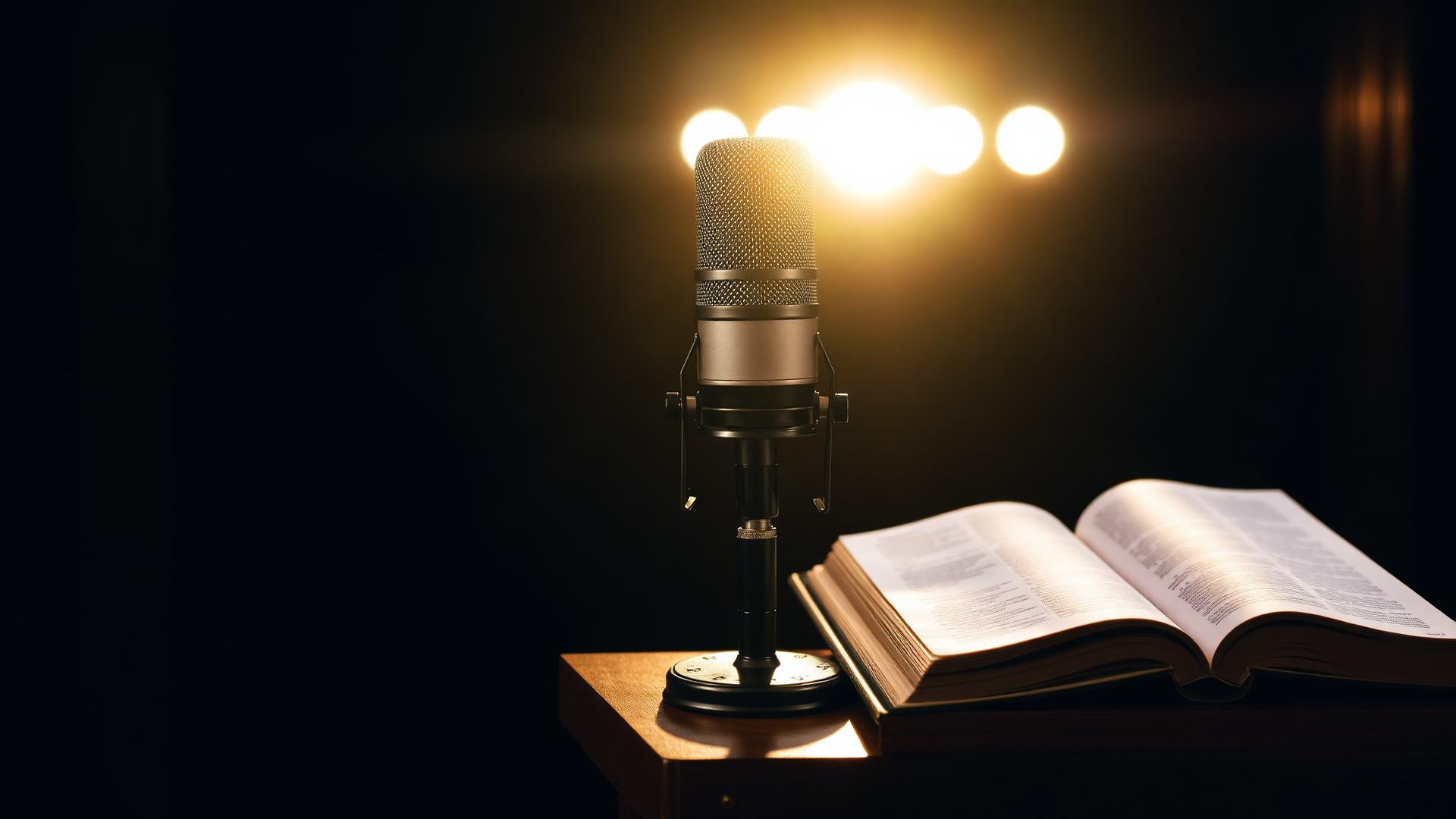 Broadcast microphone next to an open Bible on a wooden pulpit