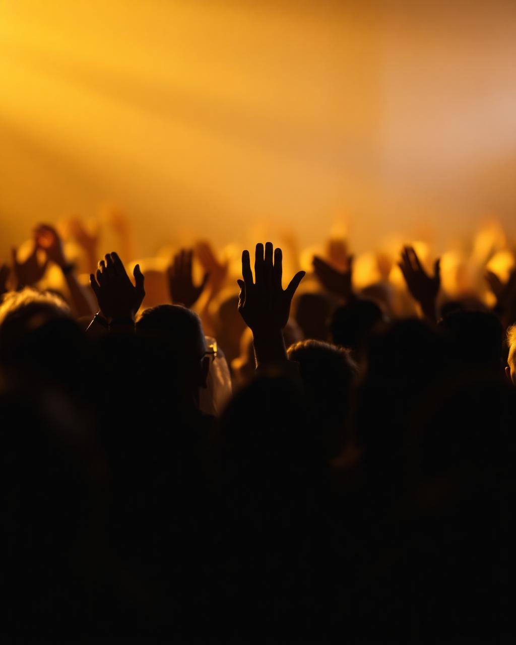 Silhouettes of a congregation with raised hands in warm light