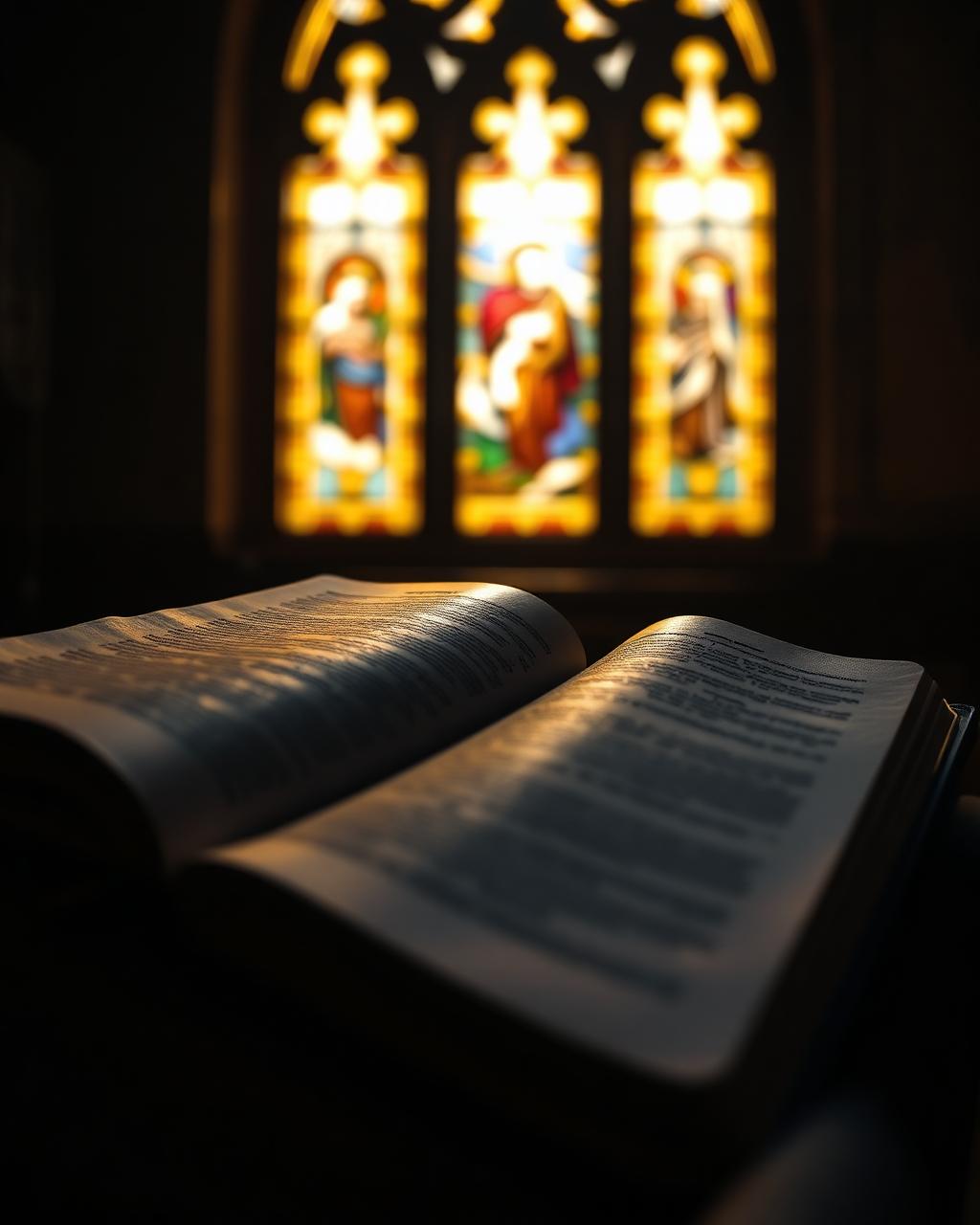Open Bible on a pulpit lit by warm stained-glass light